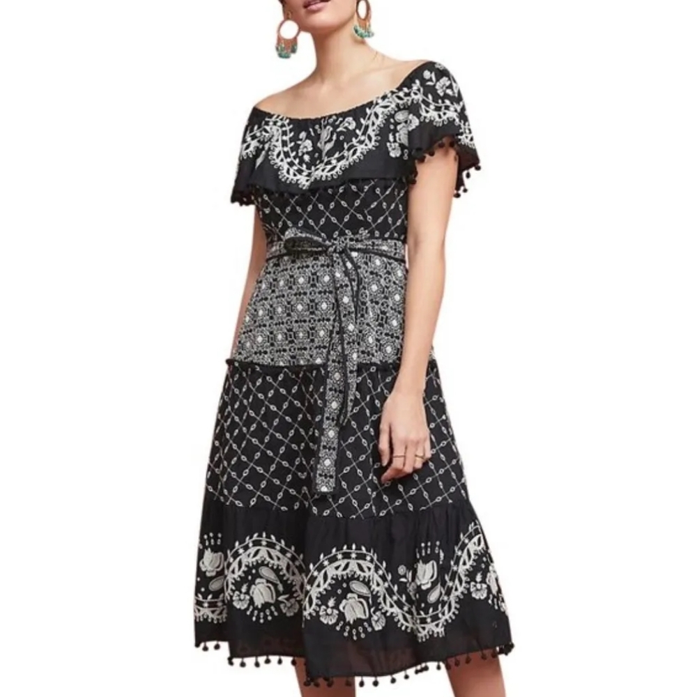 Anthropologie Black and White Patterned Midi Dress